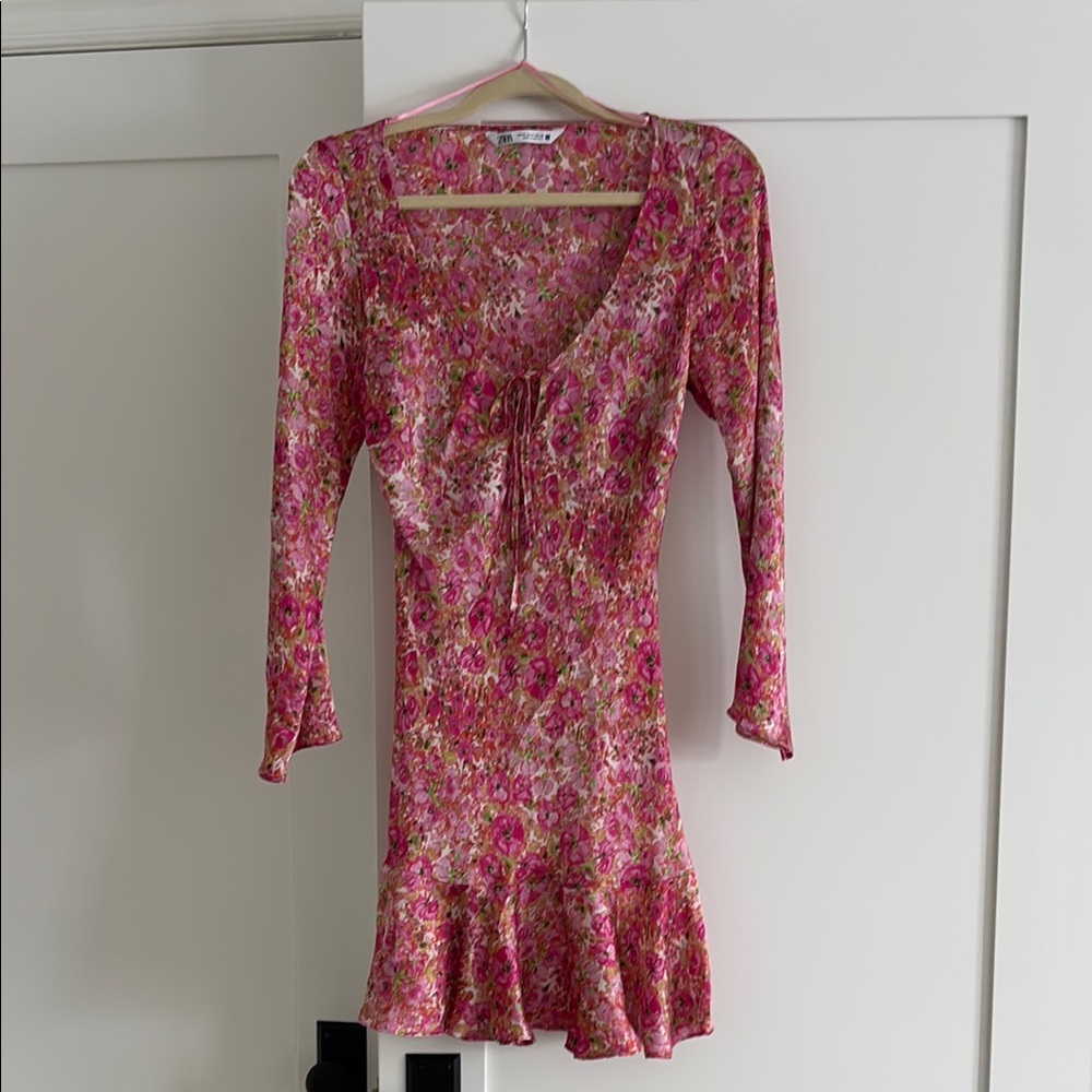 Zara Pink Floral Long Sleeve Mini Dress